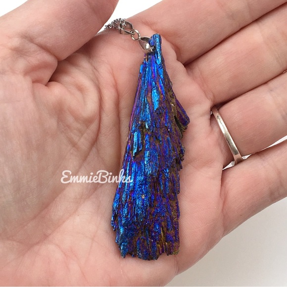 New Amazing Raw Tourmaline Crystal Chunk Platinum Plated Pendant Necklace - Picture 10 of 16